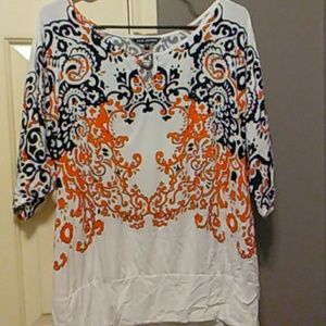 Off the shoulder blue and orange shirt